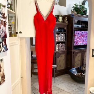 Red Evening Gown Size 6 Swarovski Crystals Precious Formals Pageant Dress Slit S